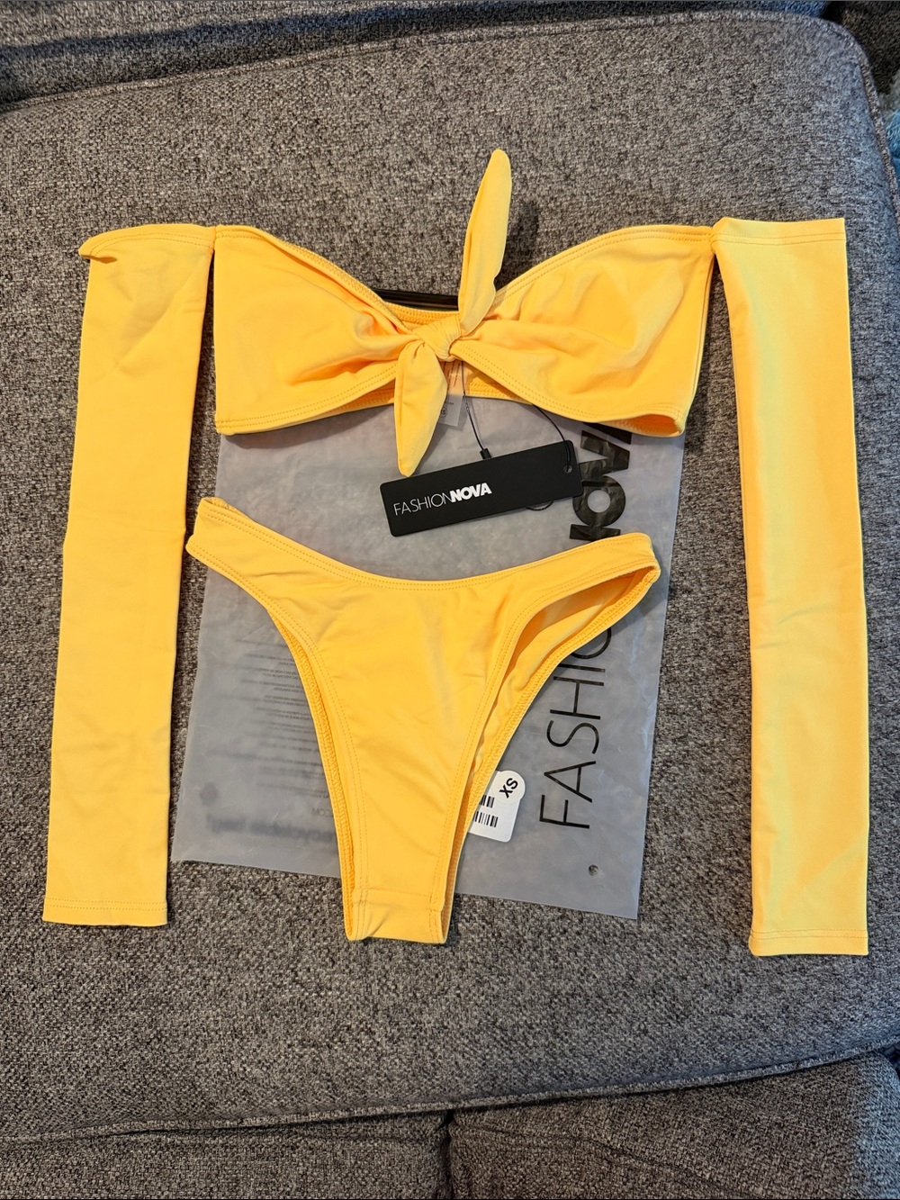 Fashion Nova Bright Yellow Tie-Front Bikini with Detachable Arm Sleeves